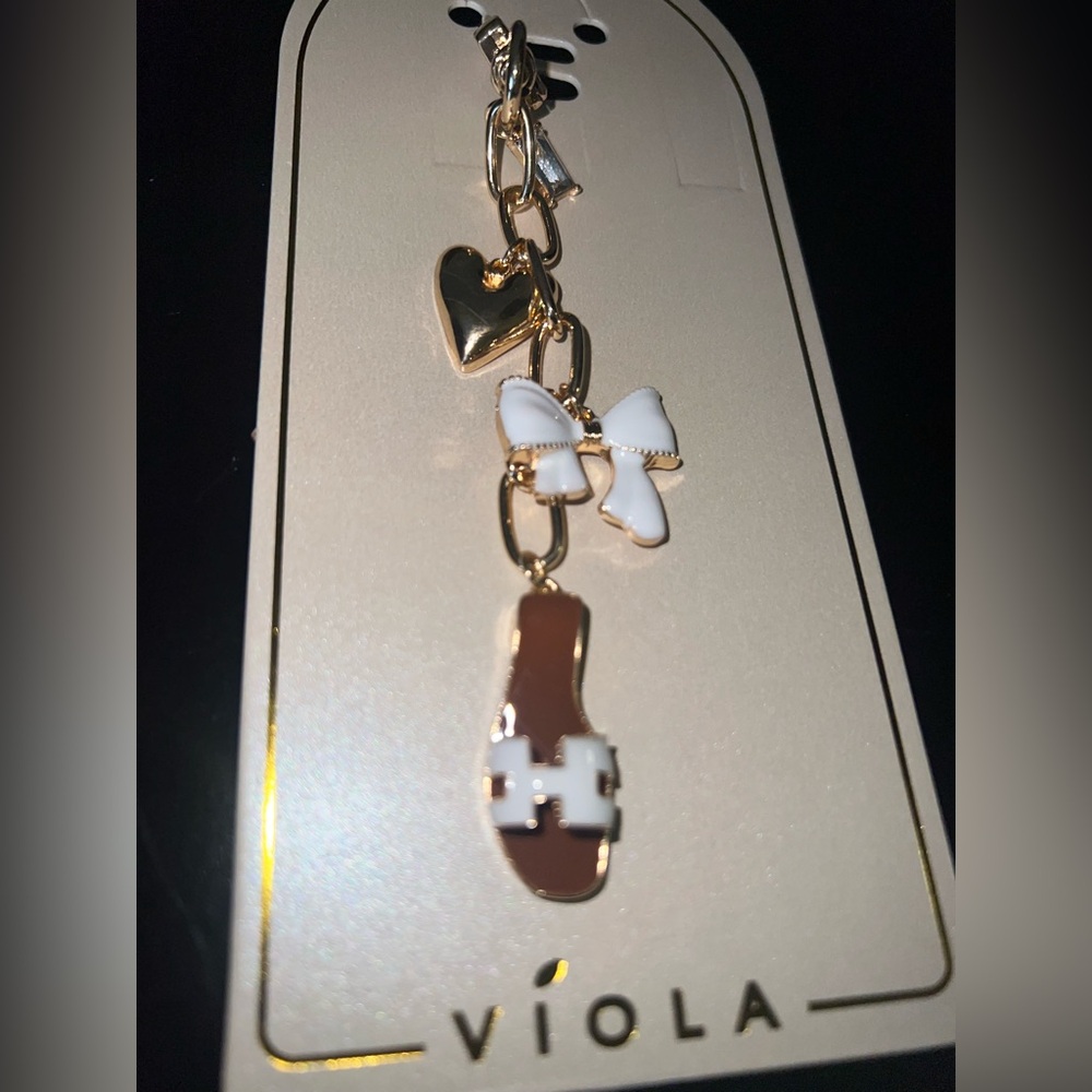 Gold Charm Keychain White Bow Vacation Beach Sandal Charm